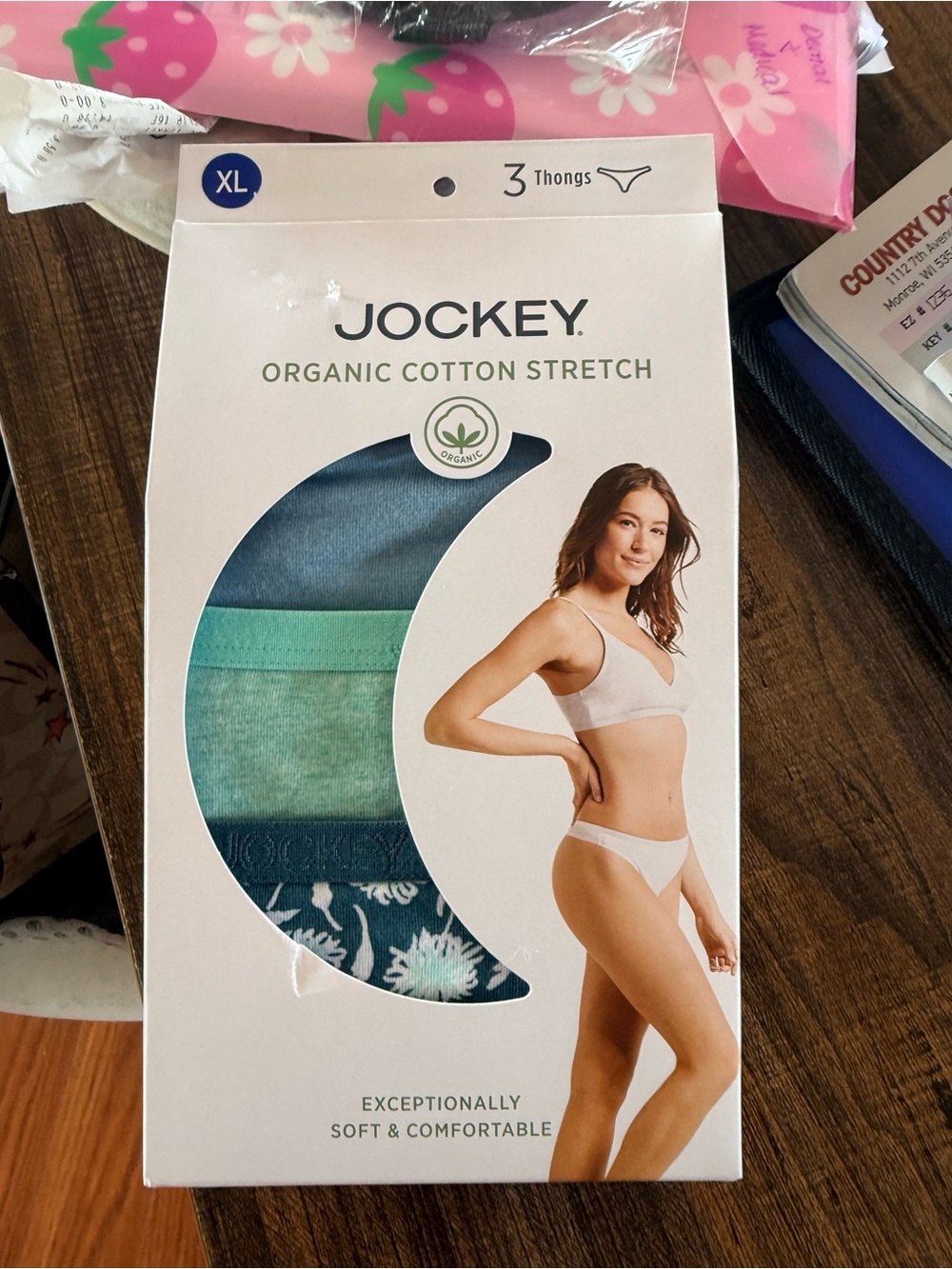 Jockey Organic Cotton Stretch Thong 3-Pack in Teal, Light Green & Teal FloralNEW